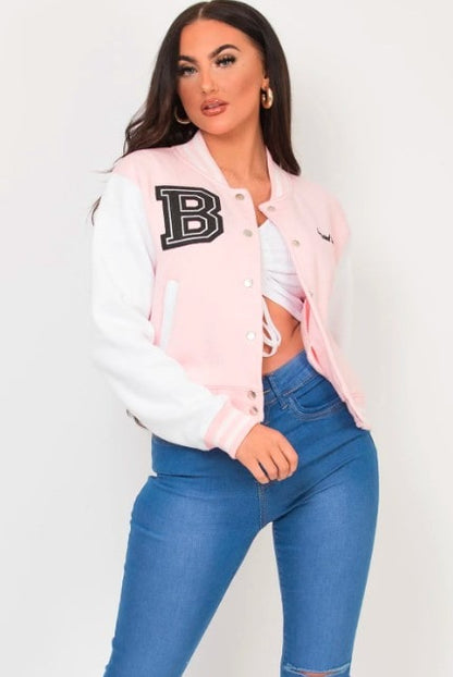 Women's Pink Varsity Bomber Leather Jacket 