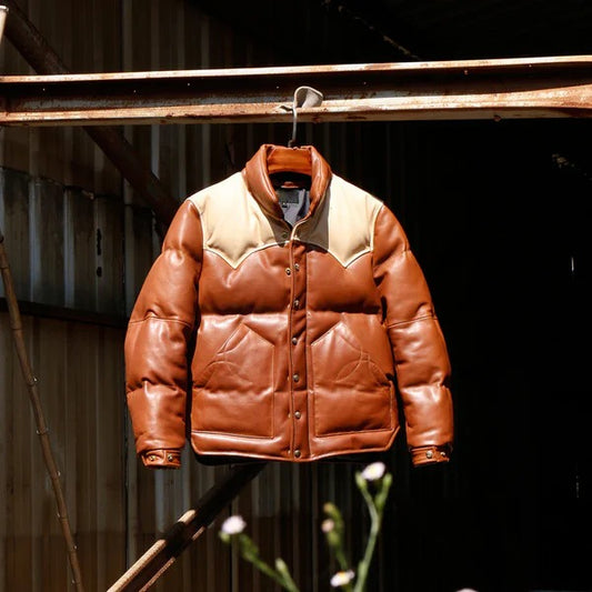 Men’s Rust Designer Puffer Leather Jacket – Warm & Stylish Avanzar Leather