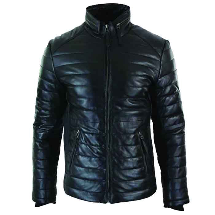 Genuine Black Quilted Leather Puffer Jacket - Casual & Stylish