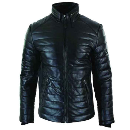 Genuine Black Quilted Leather Puffer Jacket - Casual & Stylish