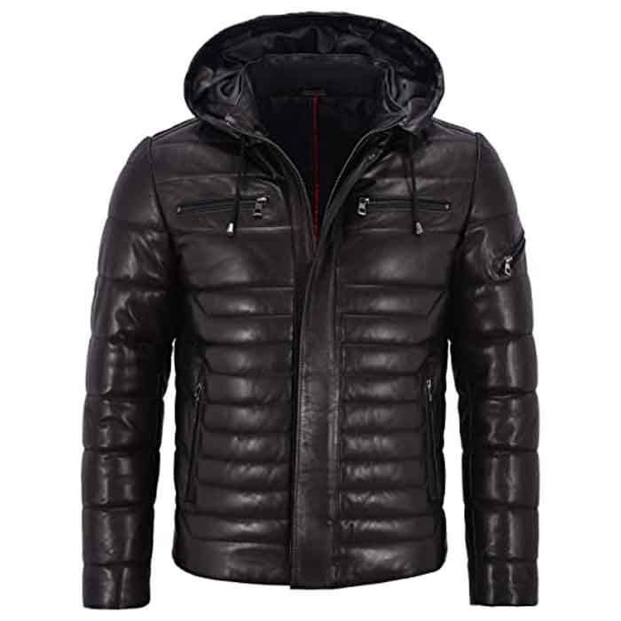 Men’s Real Leather Hooded Puffer Jacket - Quilted Design 2021