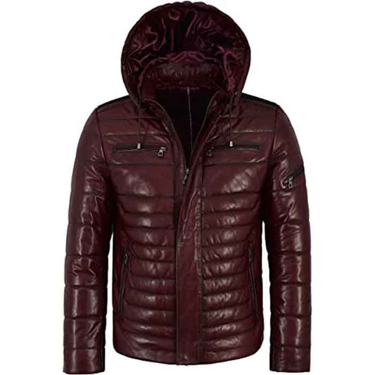 Men’s Quilted Lambskin Leather Puffer Jacket with Hood