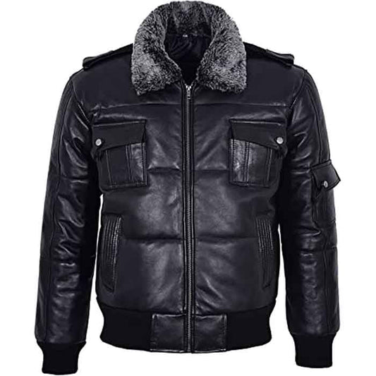 Men’s Black Puffer Bomber Jacket with Hair-On Collar - 100% Real Leather