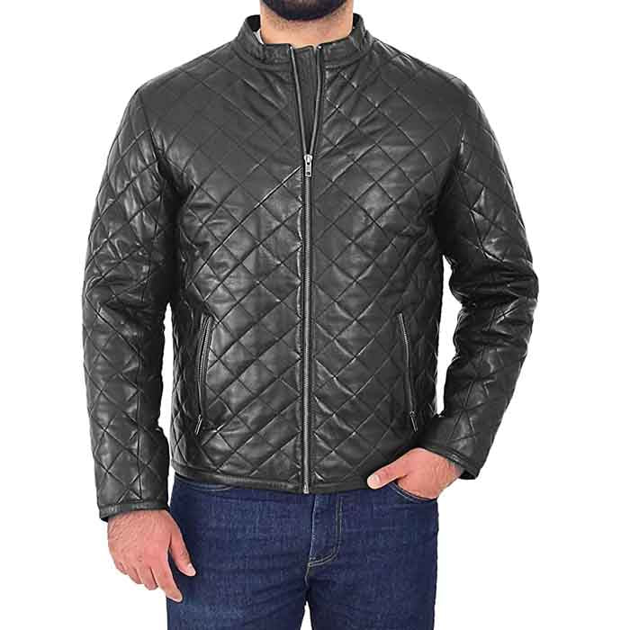 Men’s Black Leather Puffer Jacket - Padded Zip Fasten with Stand-Up Collar