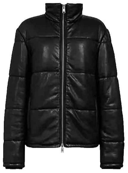 Men’s Black Leather Puffer Jacket - Sleek & Insulated