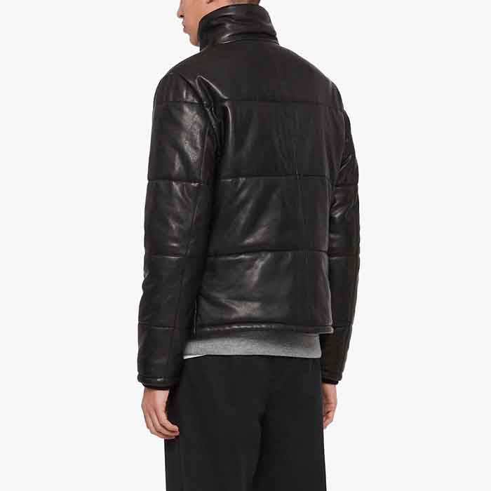 Men’s Black Leather Puffer Jacket - Sleek & Insulated