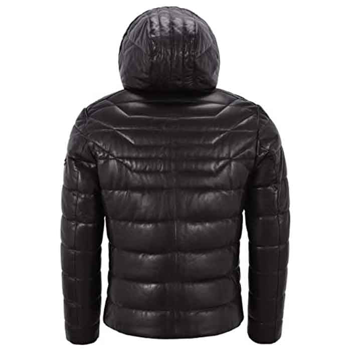 Men’s Real Leather Hooded Puffer Jacket - Quilted Design 2021