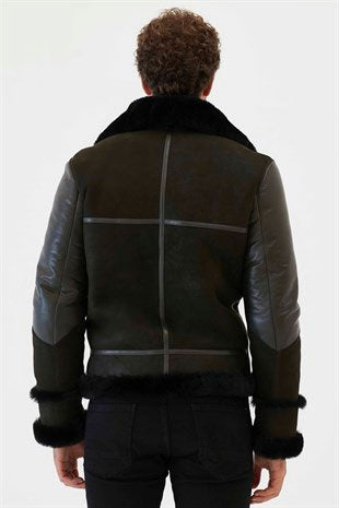 Men's Dark Green & Black Aviator Shearling Jacket