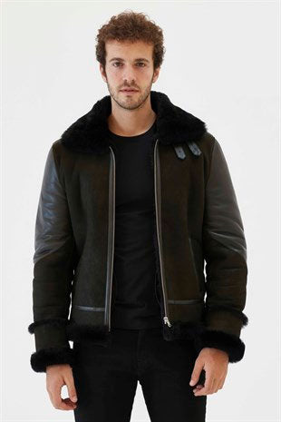 Men's Dark Green & Black Aviator Shearling Jacket