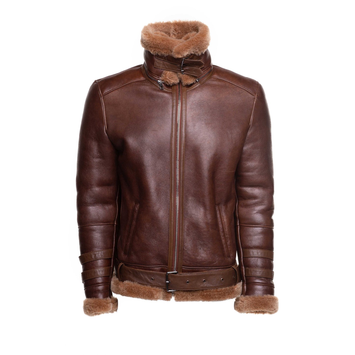 Phan's Brown Aviator Bomber Shearling Jacket with Waist Belt