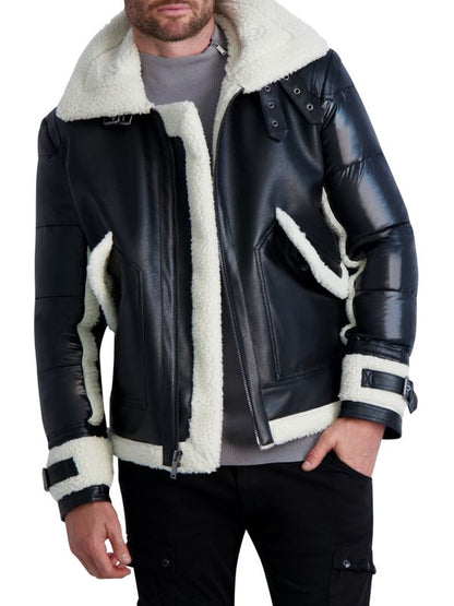 Men's Black Shearling Puffer Leather Jacket