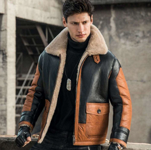 Men's Black and Brown Sheepskin Leather Aviator Jacket with Fur