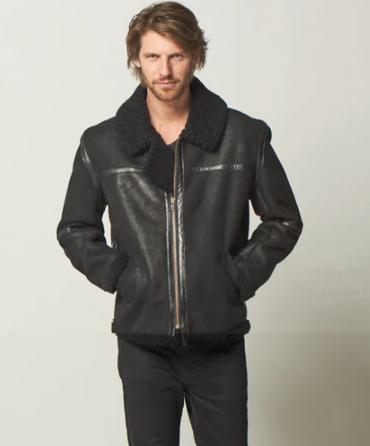 Men's Black Sheepskin Leather Aviator Jacket with Fur