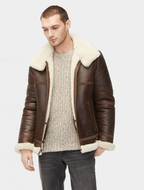 Men's Dark Brown Sheepskin Leather Jacket with White Fur