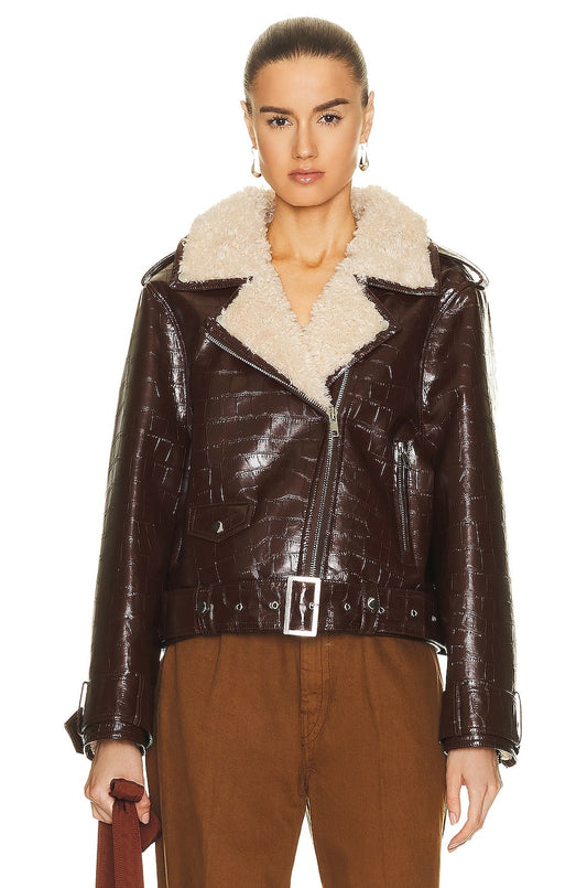 Women's Dark Brown Crocodile-Textured Shearling Leather Biker Jacket