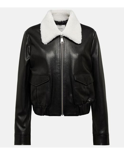 Women's Black Leather Jacket with White Shearling - Stylish and Warm