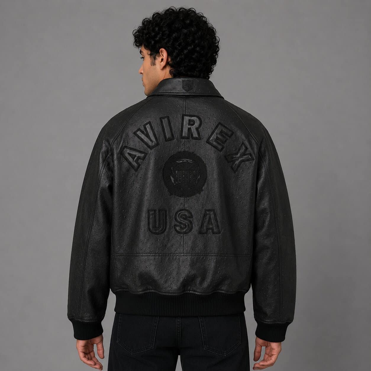 Back view of black Avirex limited edition leather jacket