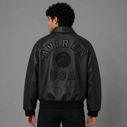 Back view of black Avirex limited edition leather jacket