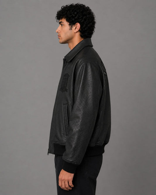 Side profile of limited edition Avirex black leather jacket