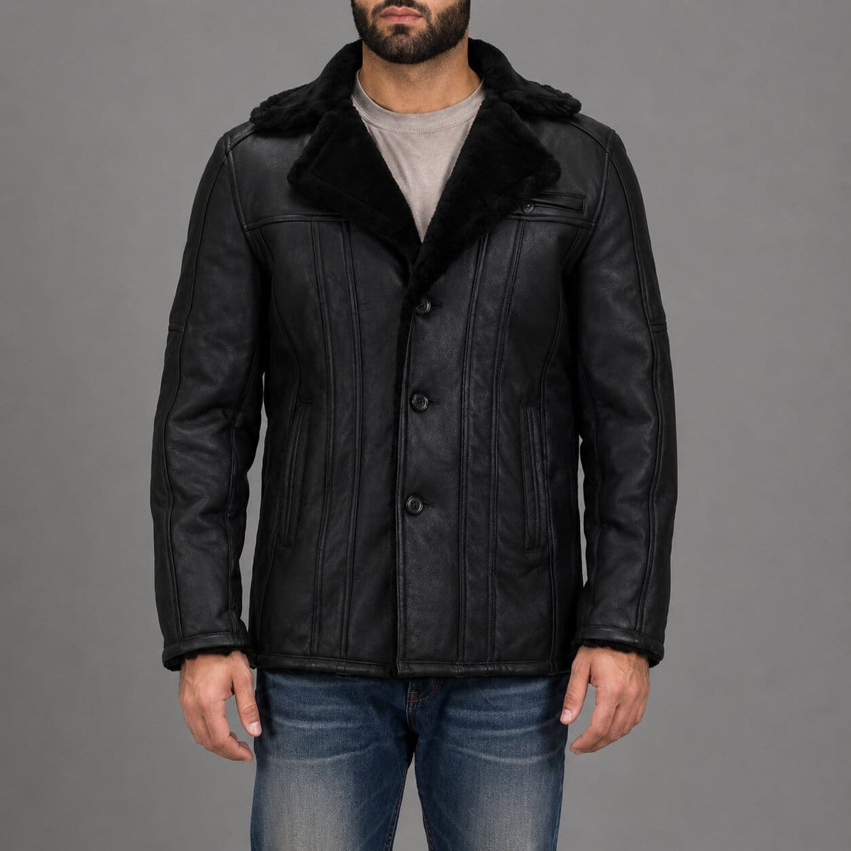Premium Double Face Shearling Leather Jacket - Luxury Winter Look front view by avanzar leather