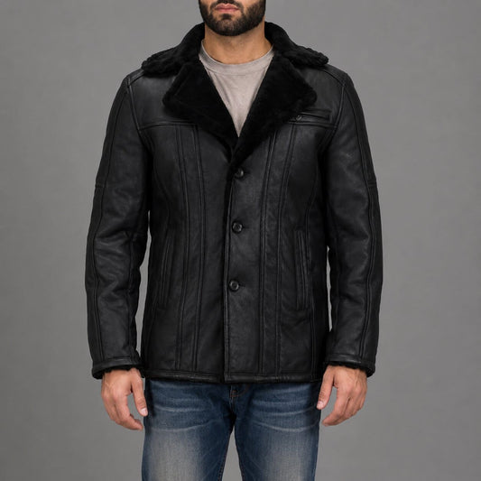 Premium Double Face Shearling Leather Jacket - Luxury Winter Look front view by avanzar leather