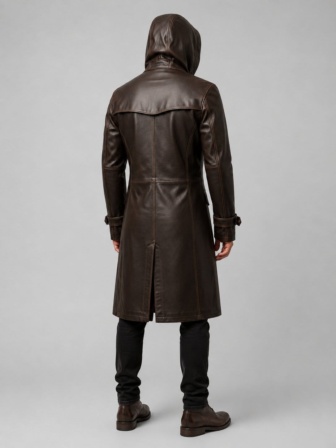 Premium Men's Brown Cowhide Leather Trench Coat With Hooded Streetwear Design by avanzar leather