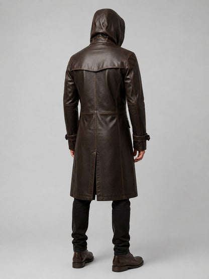 Premium Men's Brown Cowhide Leather Trench Coat With Hooded Streetwear Design by avanzar leather