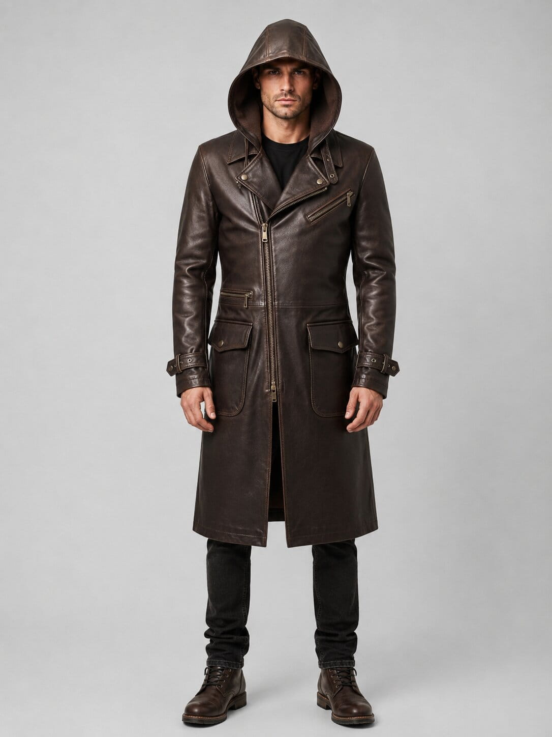 Premium Men's Brown Cowhide Leather Trench Coat With Hooded Streetwear Design by avanzar leather