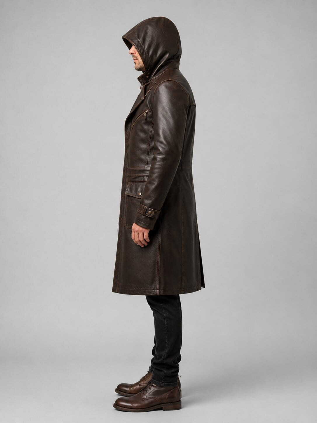 Premium Men's Brown Cowhide Leather Trench Coat With Hooded Streetwear Design by avanzar leather