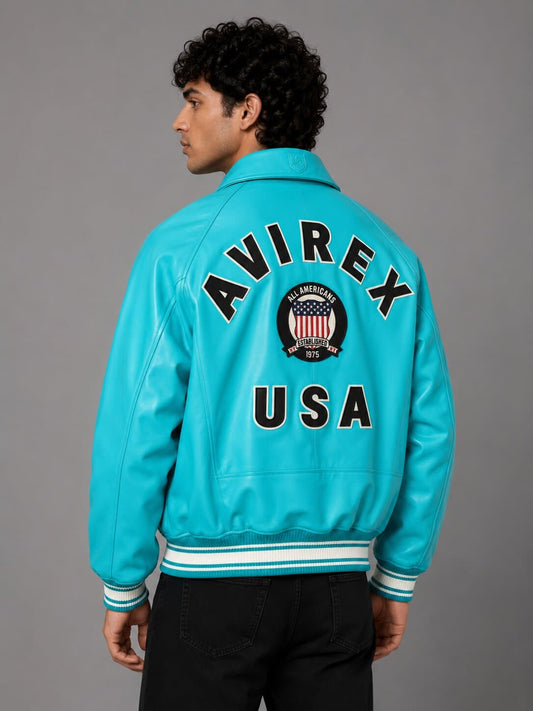Turquoise Bomber Avirex Icon Leather Jacket for Men