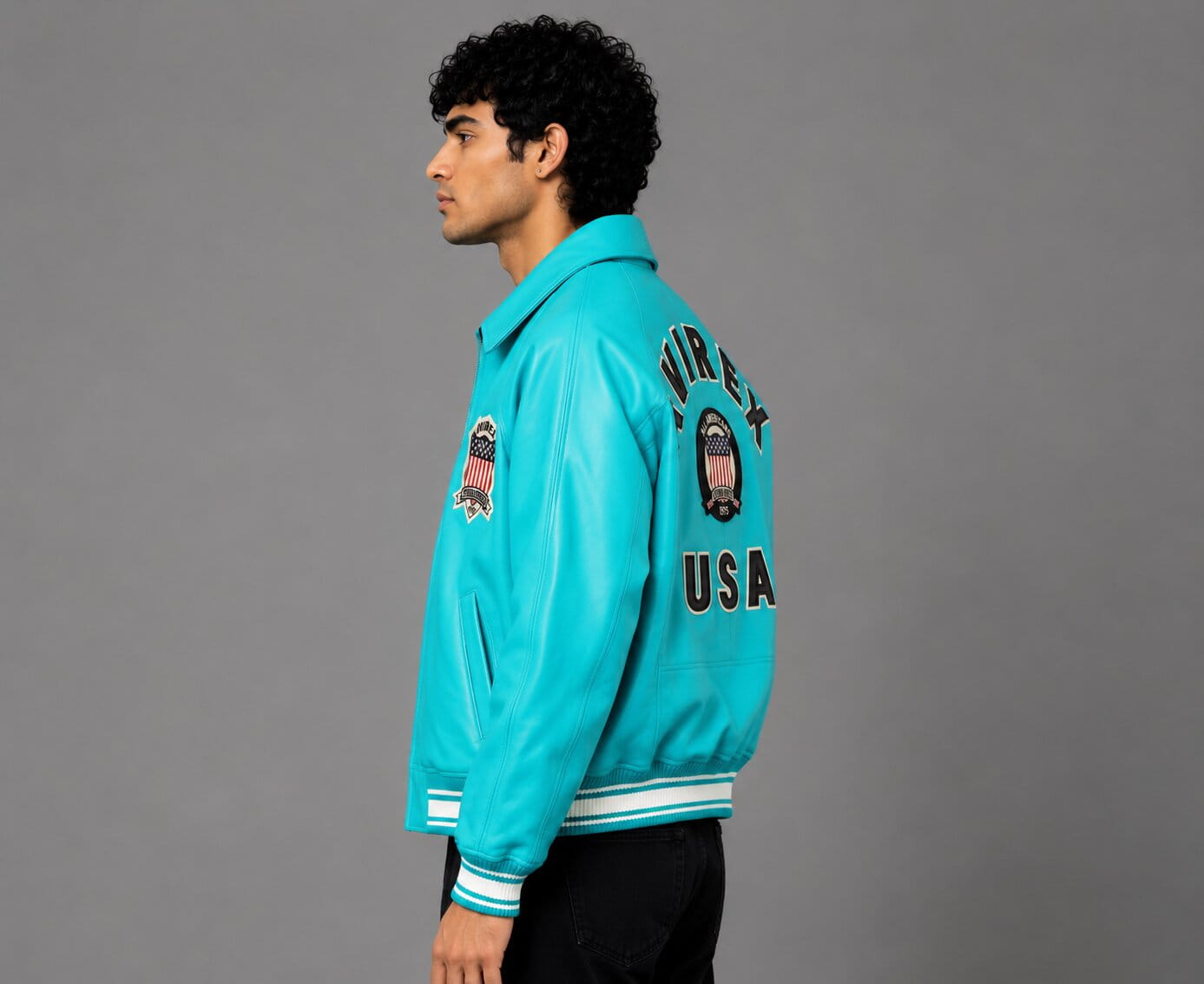 Turquoise Bomber Avirex Icon Leather Jacket for Men
