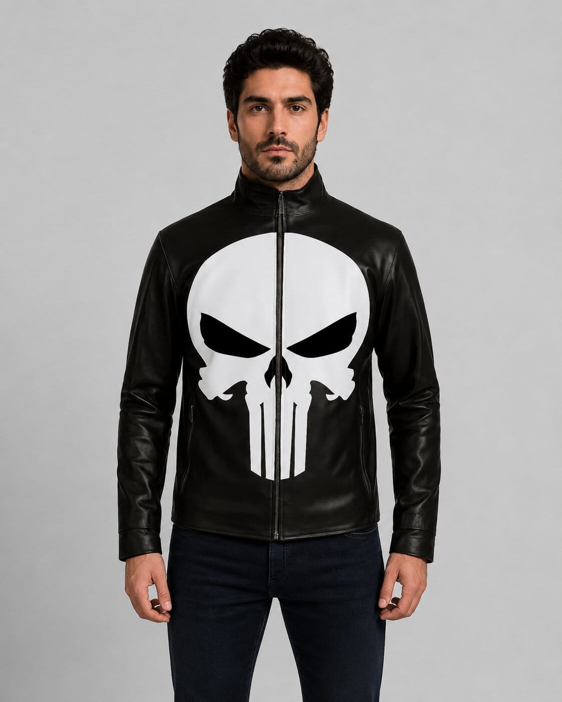 Front view of the black real leather Punisher biker jacket featuring the white skull emblem on the chest and a closed zipper by avanzar leather.