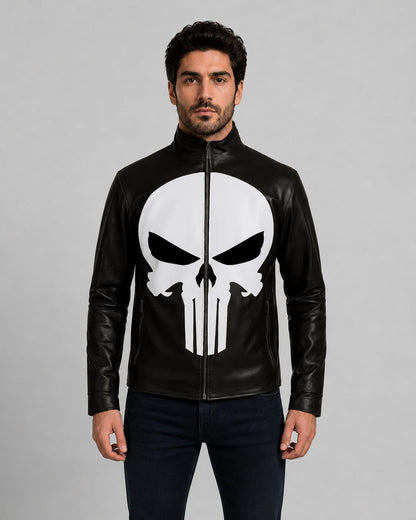 Front view of the black real leather Punisher biker jacket featuring the white skull emblem on the chest and a closed zipper by avanzar leather.