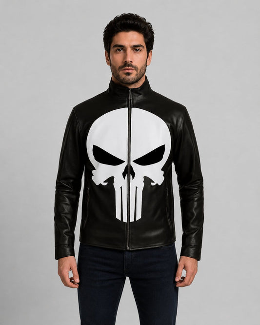 Front view of the black real leather Punisher biker jacket featuring the white skull emblem on the chest and a closed zipper by avanzar leather.