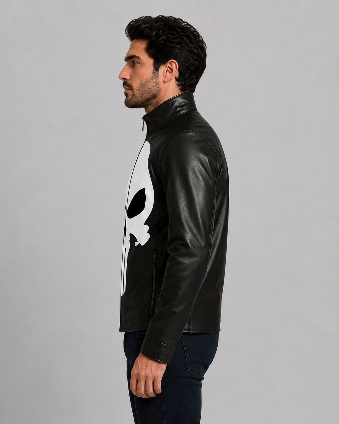 sid view of the black real leather Punisher biker jacket featuring the white skull emblem on the chest and a closed zipper by avanzar leather.