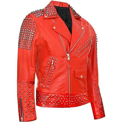 Men’s Red Spiked Punk Leather Biker Jacket by Avanzar Leather