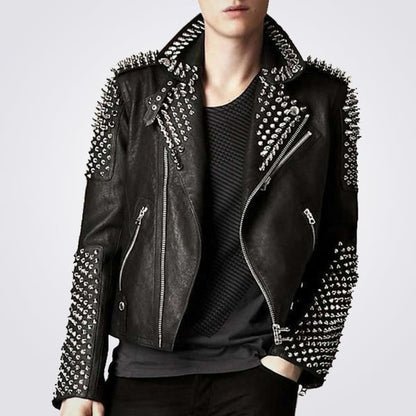 Men’s Punk Leather Jacket with Silver Spikes – Avanzar Leather