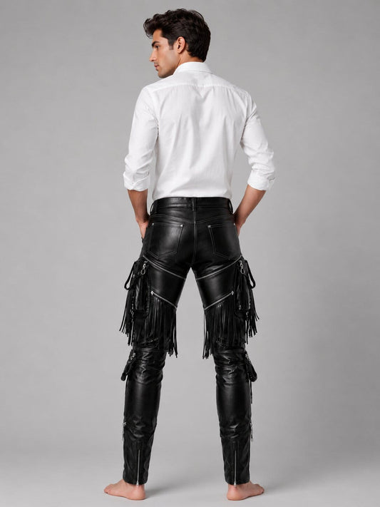 Back view of dark rebel leather trousers with fringe detailing. by avanzar leather