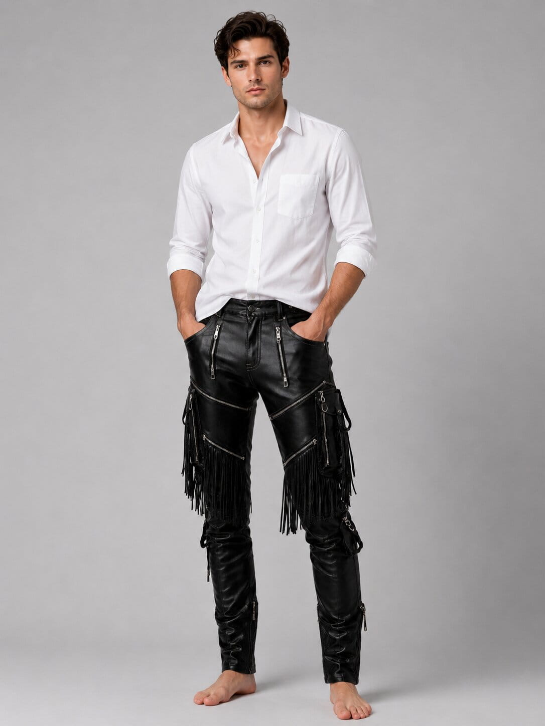 Front view of pure leather fringe pants for men.by avanzar leather