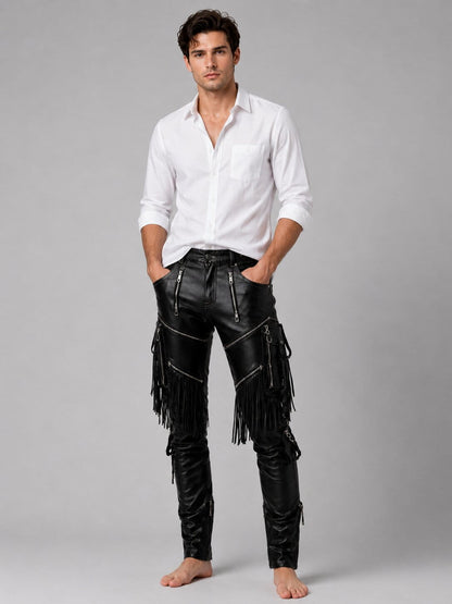 Front view of pure leather fringe pants for men.by avanzar leather