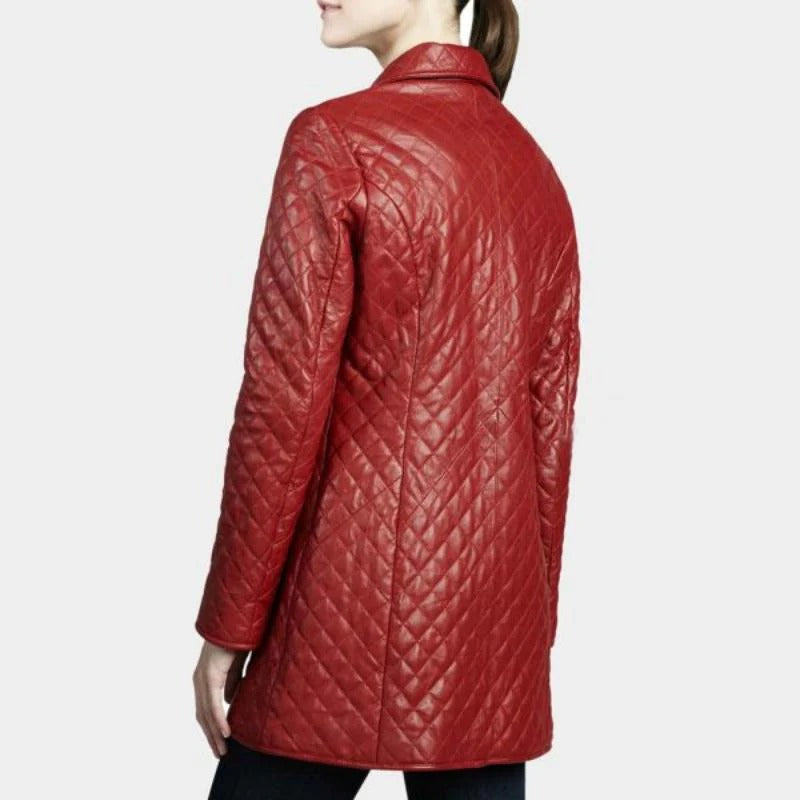 Quilted Red Mid-Length Leather Women’s Coat  Avanzar Leather