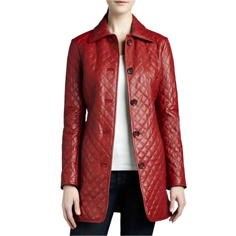 Quilted Red Mid-Length Leather Women’s Coat  Avanzar Leather