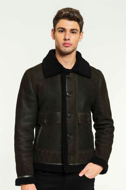 Men's Dark Green & Black Aviator Shearling Jacket