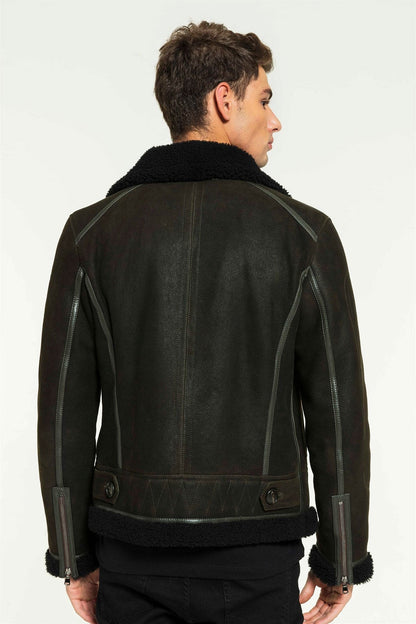 Men's Dark Green & Black Aviator Shearling Jacket