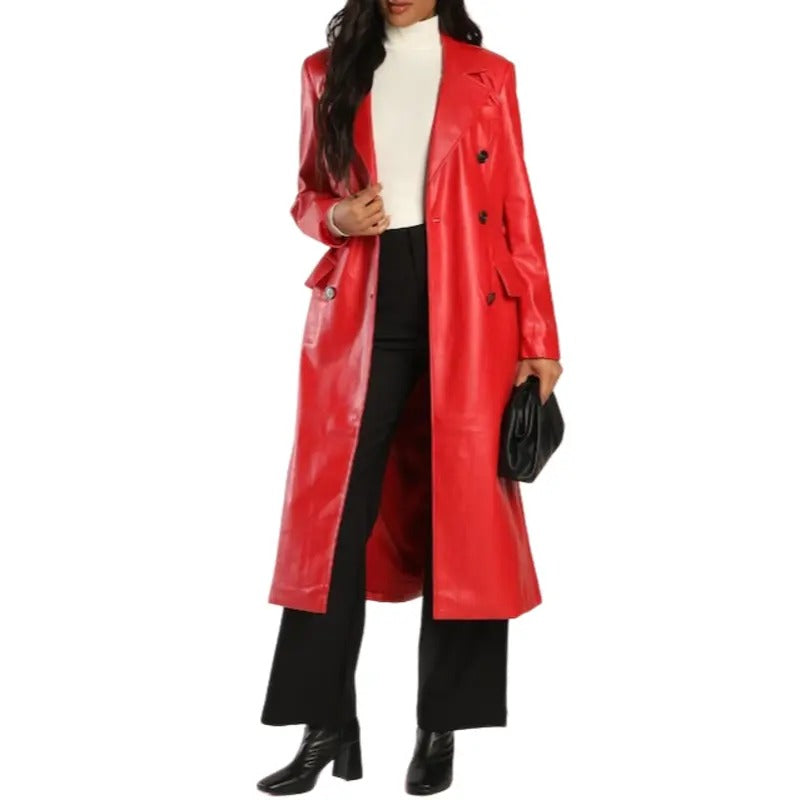 Stylish Red Leather Coat with Belt  Avanzar Leather