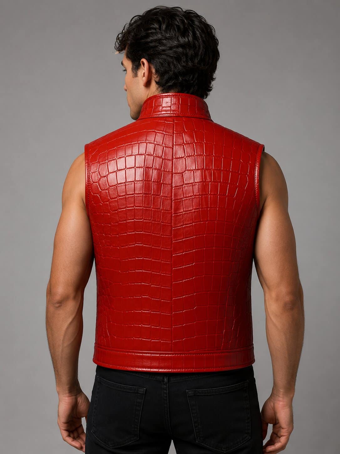 Back view red crocodile embossed tactical vest men by avanzar leather
