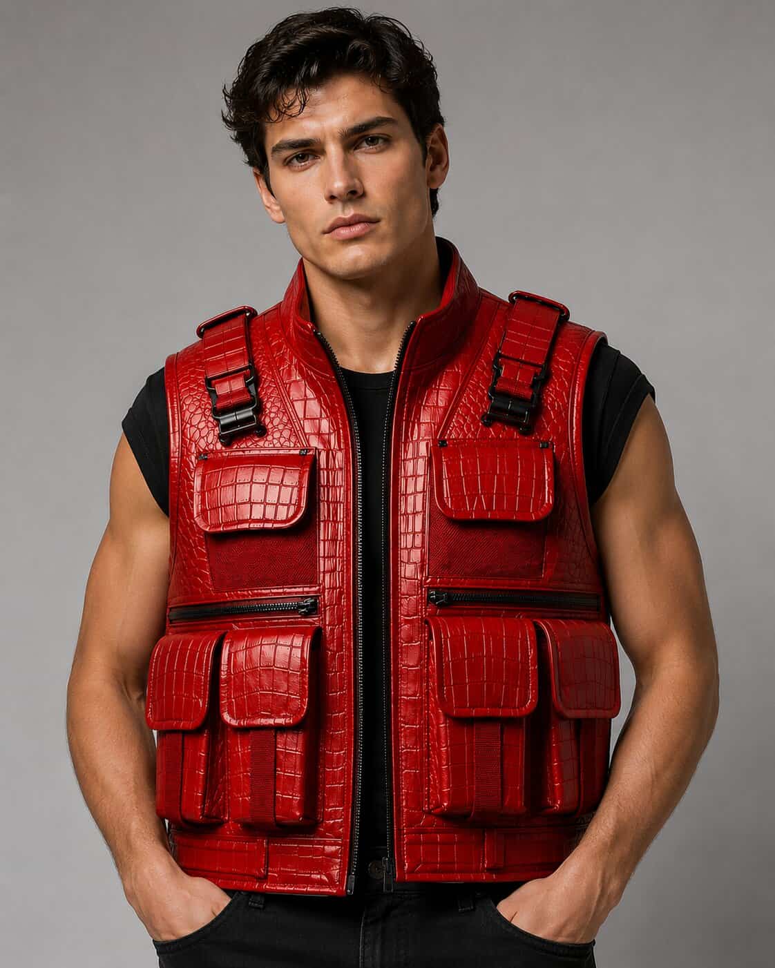 Front view red crocodile leather tactical vest for men by avanzar leather