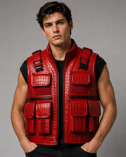 Front view red crocodile leather tactical vest for men by avanzar leather