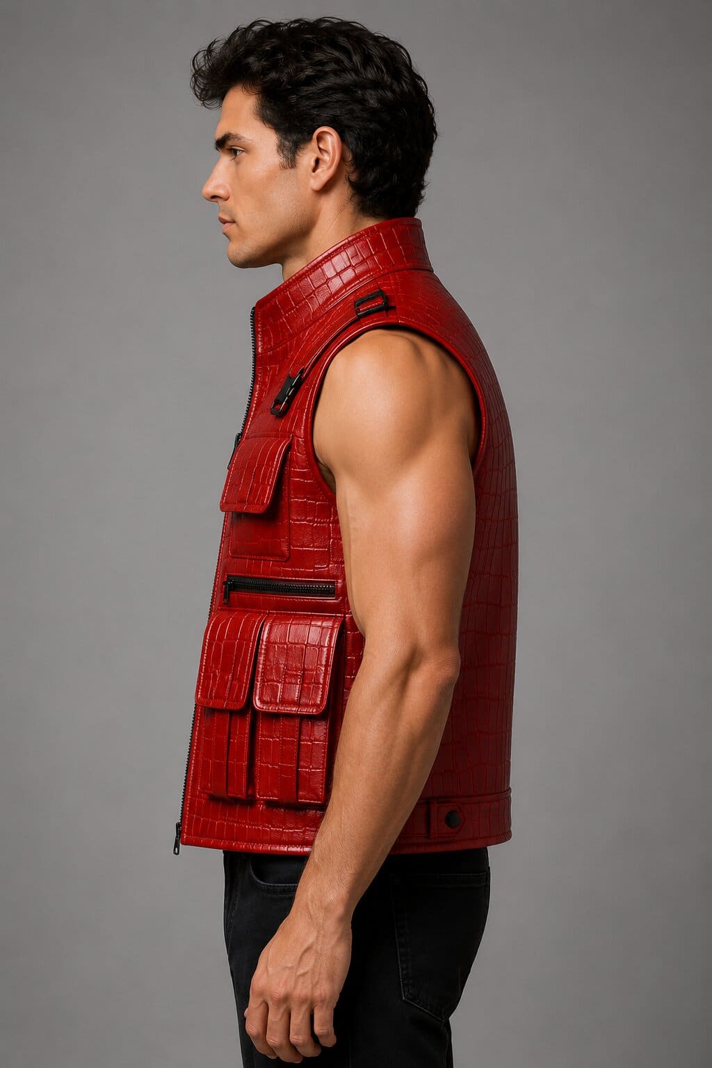 Side profile red crocodile tactical vest men by avanzar leather