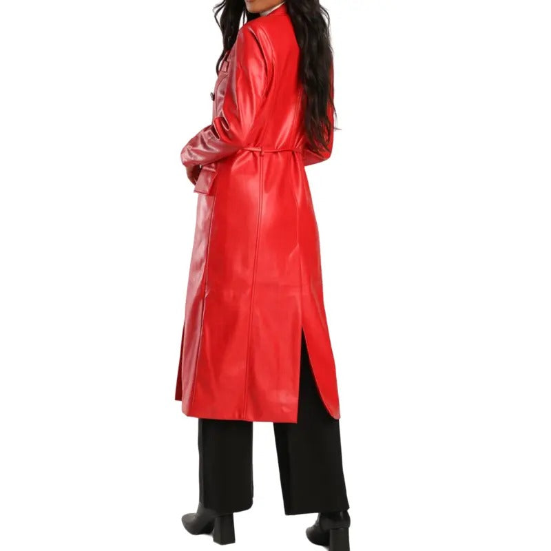 Stylish Red Leather Coat with Belt  Avanzar Leather